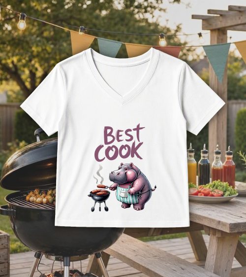 T-shirt blanc col V femme vue de face Visuel Hippopotames I - Eat me, drunk me Col V Femmes / Hippopotame ~ Eat me, drink me