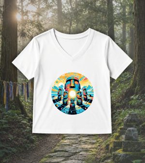 T-shirt blanc col V femme vue de face Visuel Ile de paques II - Spirituelles Zen Col V Femmes / Ile de Pâques II ~ Spirituelles & Zen