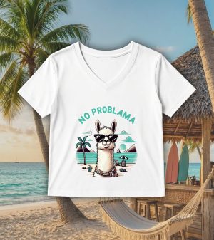 T-shirt blanc col V femme vue de face Visuel Lamas I - Animaux Col V Femmes / Lama I ~ Summer Vibes