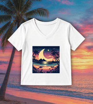 T-shirt blanc col V femme vue de face Visuel Lune de mer I - Paysages Col V Femmes / Lune de Mer ~ Summers Vibes