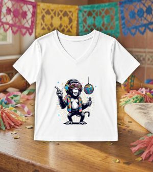 T-shirt blanc col V femme vue de face Visuel Singes I - Dances & fiestas Col V Femmes / Singe I ~ Danses & Fiestas