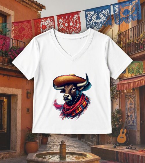 T-shirt blanc col V femme vue de face Visuel Taureaux I - Dances & fiestas Col V Femmes / Taureau ~ Danses & Fiestas