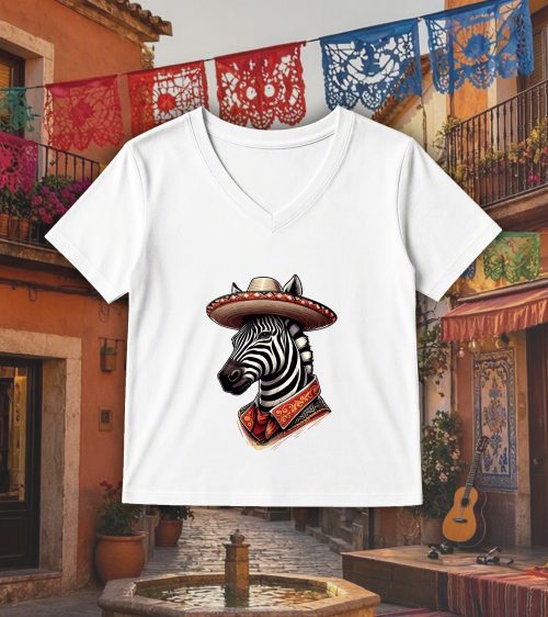 T-shirt blanc col V femme vue de face Visuel Zèbres I -Dances & fiestas Col V Femmes / Zèbre I ~ Danses & Fiestas