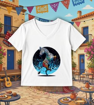 T-shirt blanc col V femme vue de face Visuel Zèbres II - Dances & fiestas Col V Femmes / Zèbre II ~ Danses & Fiestas