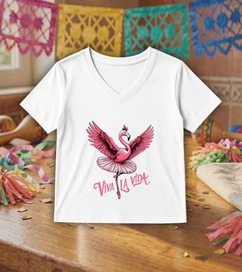 T-shirt blanc col V femme vue de face Visuel animaux drôles I - Dances & fiestas Col V Femmes / Flamant rose ~ Danses & Fiestas
