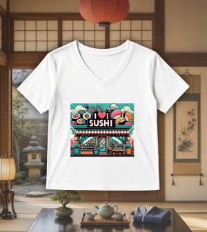T-shirt blanc col V femme vue de face Visuel sushis 1 - Asia Col V Femmes / Sushis I ~ Asia