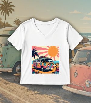 T-shirt blanc col V femme vue de face Visuel van II - Véhicules Col V Femmes / Van II ~ Vintages Cars