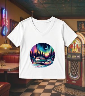 T-shirt blanc col V femme vue de face Visuel van V - Véhicules Col rond Femmes / Van V ~ Vintages Cars