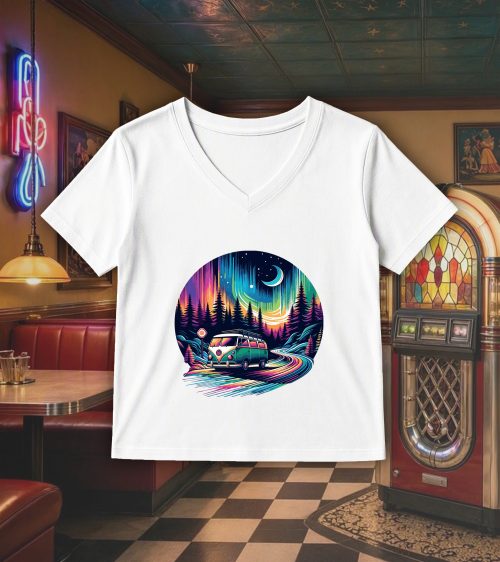 T-shirt blanc col V femme vue de face Visuel van V - Véhicules Col V Femmes / Van V ~ Vintages Cars