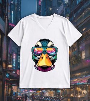 T-shirt blanc col V homme vue de face Canards lunettes futuristes I Col V Hommes / Canard ~ Colors Vibes