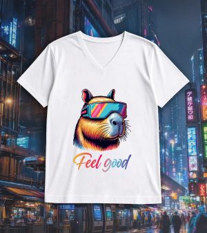 T-shirt blanc col V homme vue de face Capybara lunettes futuristes I Col V Hommes / Capybara ~ Colors Vibes
