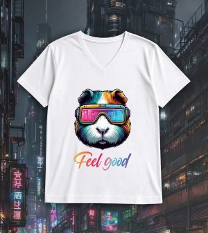 T-shirt blanc col V homme vue de face Cochons d'Inde lunettes futuristes I Col V Hommes / Cochon d'Inde ~ Colors Vibes