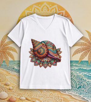 T-shirt blanc col V homme vue de face Coquillage mandala I Col V Hommes / Coquillage ~ Mandala