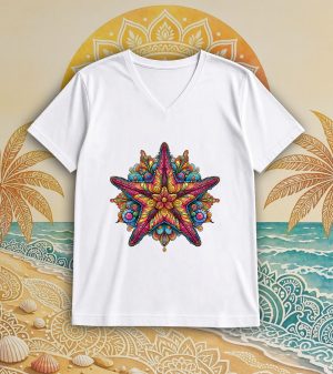 T-shirt blanc col V homme vue de face Etoile mandala I Col V Hommes / Etoile ~ Mandala