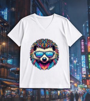 T-shirt blanc col V homme vue de face Hérissons lunettes futuristes I Col V Hommes / Hérisson I ~ Colors Vibes