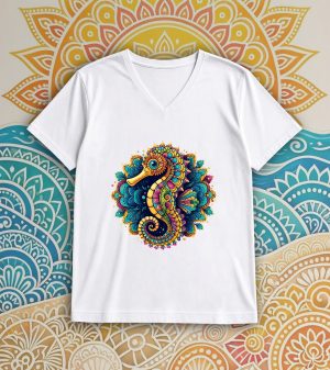 T-shirt blanc col V homme vue de face Hippocampe Mandala I Col V Hommes / Hippocampe ~ Mandala