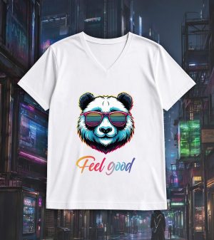 T-shirt blanc col V homme vue de face Panda lunettes futuristes I Col V Hommes / Panda ~ Colors Vibes