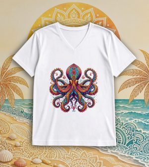 T-shirt blanc col V homme vue de face Pieuvre Mandala I Col V Hommes / Pieuvre ~ Mandala