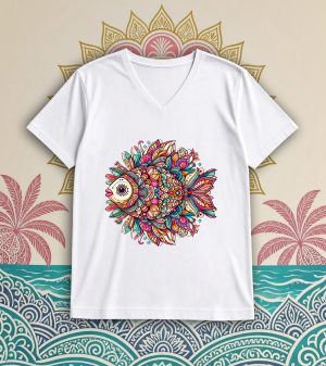 T-shirt blanc col V homme vue de face Poisson Mandala I Col V Hommes / Poisson ~ Mandala