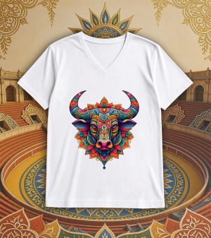 T-shirt blanc col V homme vue de face Taureau Mandala I Col V Hommes / Taureau ~ Mandala