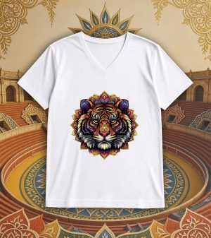 T-shirt blanc col V homme vue de face Tigre Mandala I Col V Hommes / Tigre ~ Mandala