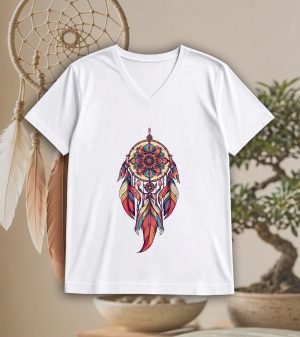 T-shirt blanc col V homme vue de face Visuel Attrape rêves I - Spirituelles Zen Col V Hommes / Attrape rêves I ~ Spirituelles & Zen