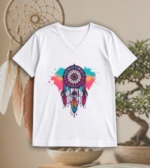 T-shirt blanc col V homme vue de face Visuel Attrape rêves II - Spirituelles Zen Col V Hommes / Attrape rêves II ~ Spirituelles & Zen