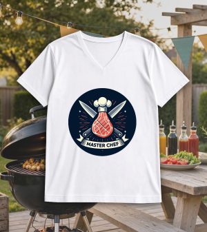 T-shirt blanc col V homme vue de face Visuel Barbecue I - Eat me, drunk me Col V Hommes / Barbecue ~ Eat me, drunk me