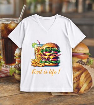T-shirt blanc col V homme vue de face Visuel Burgers I - Eat me, drunk me Col V Hommes / Burger ~ Eat me, drunk me