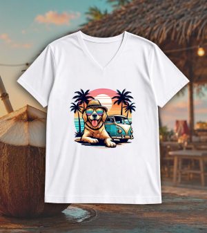 T-shirt blanc col V homme vue de face Visuel Chiens I - Humours Col V Hommes / Chien ~ Summers Vibes