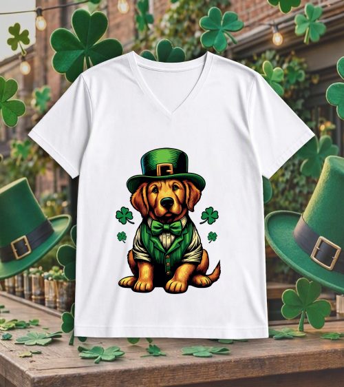 T-shirt blanc col V homme vue de face Visuel Chiens I - Saint Patrick Col V Hommes / Chien ~ Saint Patrick