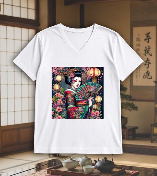 T-shirt blanc col V homme vue de face Visuel Geishas III - Asia Col V Hommes / Geïsha III ~ Asia