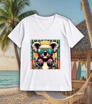 T-shirt blanc col V homme vue de face Visuel Koalas I - Animaux Col V Hommes / Koala ~ Summers Vibes