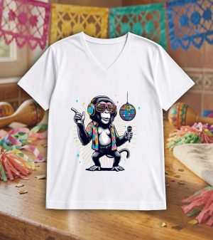 T-shirt blanc col V homme vue de face Visuel Singes I - Dances & fiestas Col V Hommes / Singe I ~ Danses & Fiestas