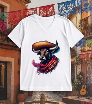 T-shirt blanc col V homme vue de face Visuel Taureaux I - Dances & fiestas Col V Hommes / Taureau ~ Danses & Fiestas