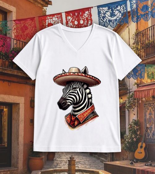 T-shirt blanc col V homme vue de face Visuel Zèbres I -Dances & fiestas Col V Hommes / Zèbre I ~ Danses & Fiestas