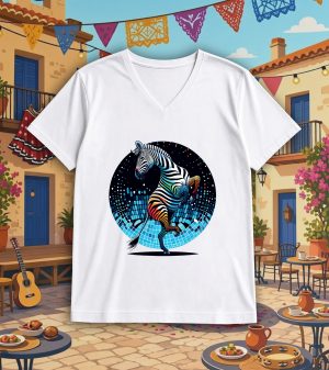 T-shirt blanc col V homme vue de face Visuel Zèbres II - Dances & fiestas Col V Hommes / Zèbre II ~ Danses & Fiestas