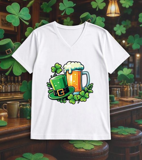 T-shirt blanc col V homme vue de face Visuel fête de la Saint Patrick III - Saint Patrick Col V Hommes / Bière II ~ Saint Patrick