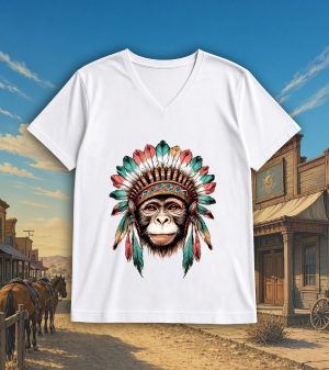 T-shirt blanc col V homme vue de face Visuel singes I - Western Col V Hommes / Singe ~ Westerns