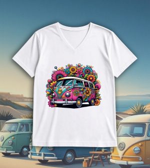 T-shirt blanc col V homme vue de face Visuel van I - Véhicules Col V Hommes / Van I ~ Vintages Cars