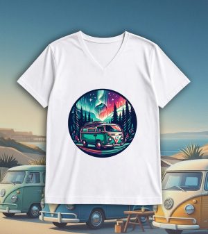 T-shirt blanc col V homme vue de face Visuel van IV - Véhicules Col V Hommes / Van IV ~ Vintages Cars