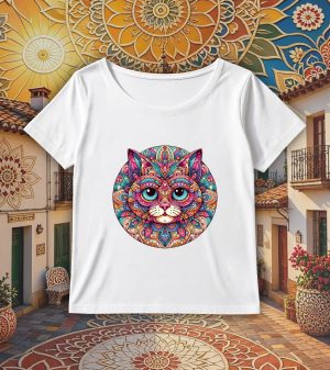 T-shirt blanc col rond large femme vue de face Chat Mandala I Col rond Femmes / Chat ~ Mandala