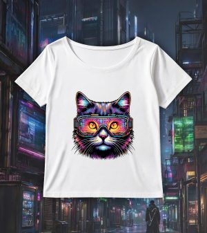 T-shirt blanc col rond large femme vue de face Chats lunettes I Col rond Femmes / Chat ~ Colors Vibes