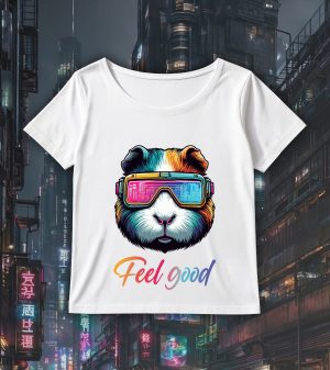 T-shirt blanc col rond large femme vue de face Cochons d'Inde lunettes futuristes I Col rond Femmes / Cochon d'Inde ~ Colors Vibes