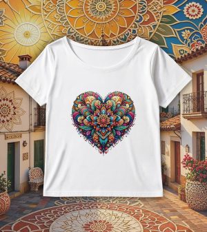 T-shirt blanc col rond large femme vue de face Coeur mandala I Col rond Femmes / Coeur ~ Mandala
