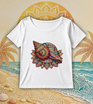 T-shirt blanc col rond large femme vue de face Coquillage mandala I Col rond Femmes / Coquillage ~ Mandala