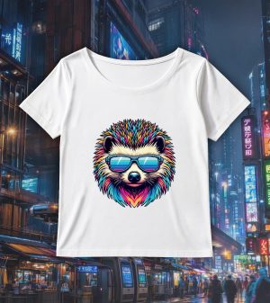 T-shirt blanc col rond large femme vue de face Hérissons lunettes futuristes I Col rond Femmes / Hérisson I ~ Colors Vibes
