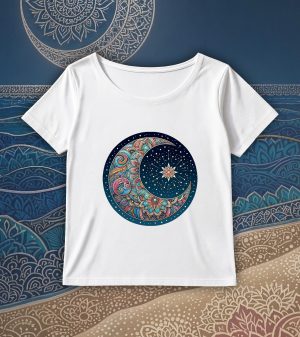 T-shirt blanc col rond large femme vue de face Lune mandala I Col rond Femmes / Lune I ~ Mandala