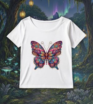 T-shirt blanc col rond large femme vue de face Papillon Mandala I Col rond Femmes / Papillon I~ Mandala