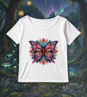 T-shirt blanc col rond large femme vue de face Papillon Mandala II Col rond Femmes / Papillon II ~ Mandala